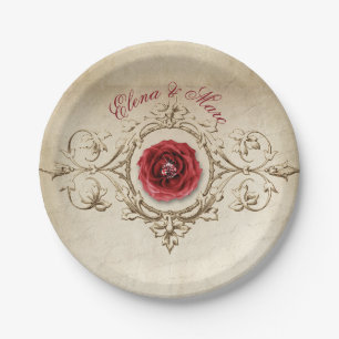 Beige Vintage Ornament And Red Rose Paper Plate