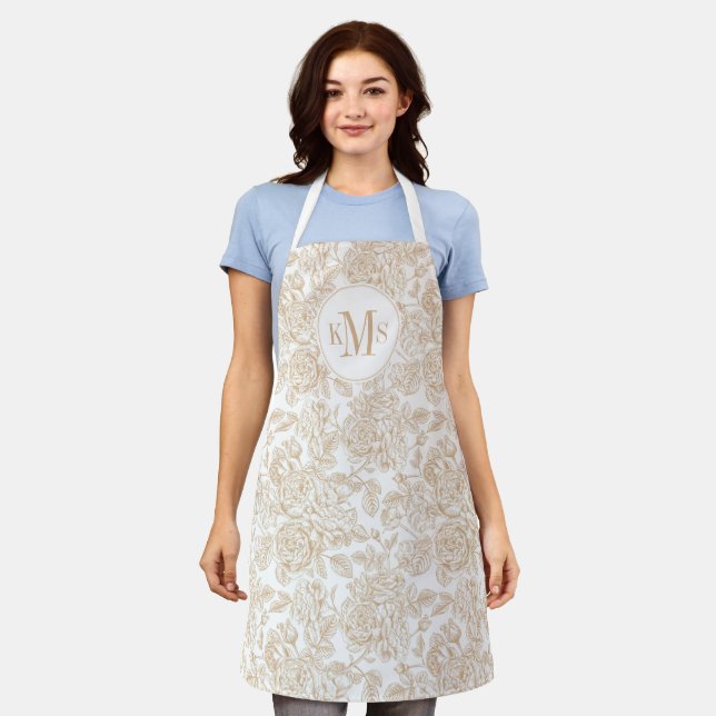 Beige Vintage Rose Flower Pattern Apron (Worn)