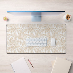 Beige Vintage Rose Flower Pattern Desk Mat