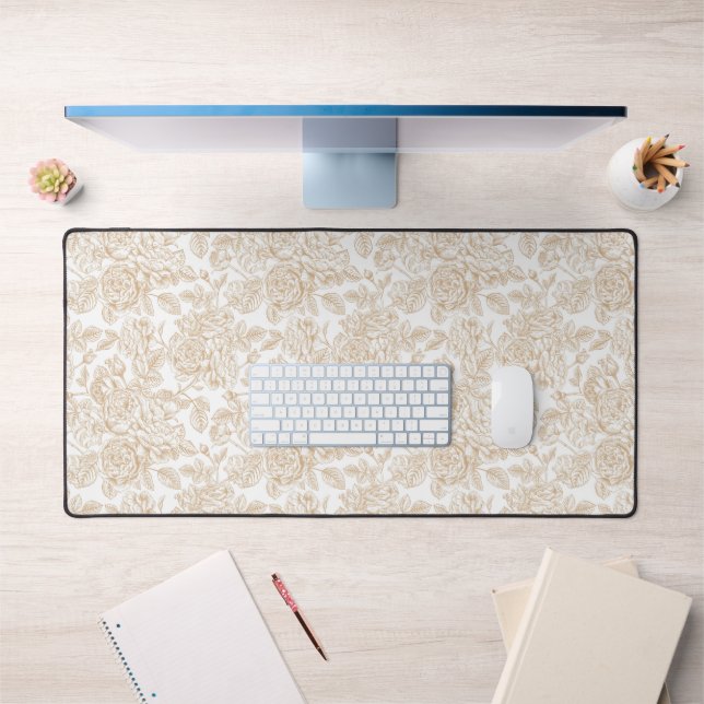 Beige Vintage Rose Flower Pattern Desk Mat (Office 1)