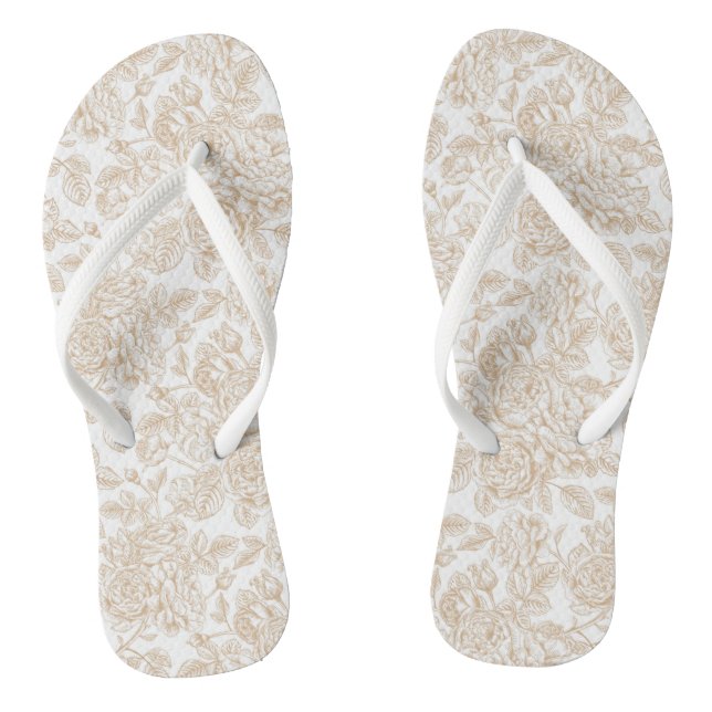 Beige Vintage Rose Flower Pattern Flip Flops (Footbed)