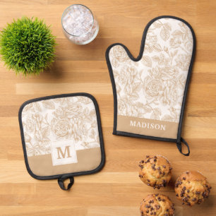 Beige Vintage Rose Flower Pattern Oven Mitt & Pot Holder Set