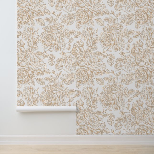 Beige Vintage Rose Flower Pattern Wallpaper (Application)