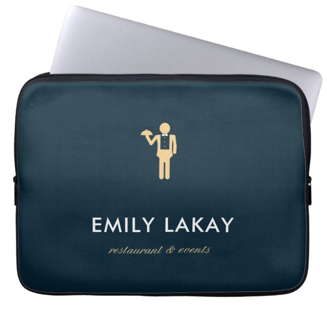Beige waiter silhouette blue laptop sleeve (Front)