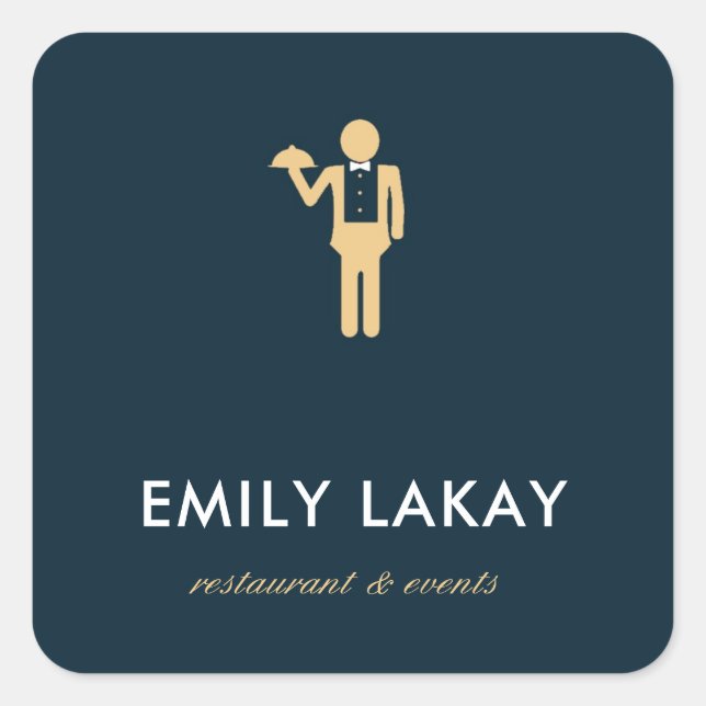 Beige waiter silhouette blue square sticker (Front)