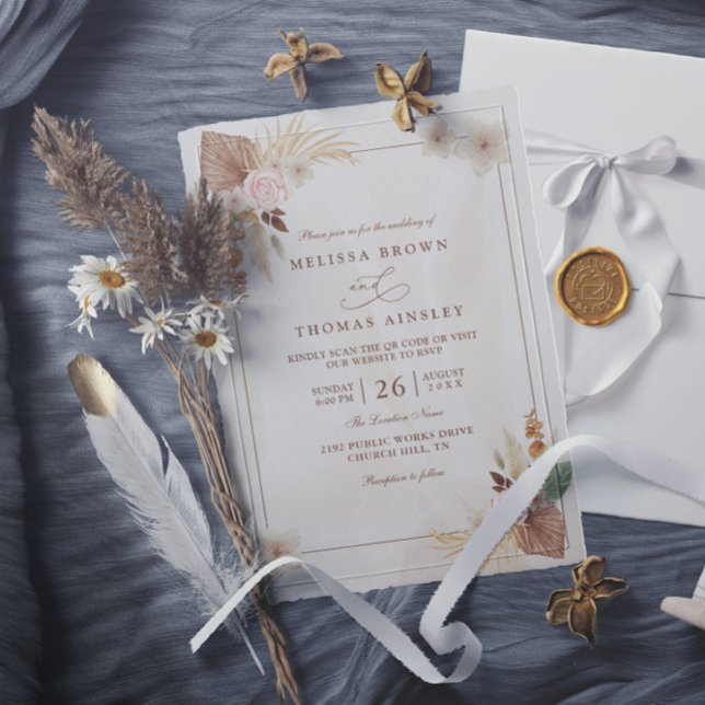 Beige Watercolor Boho Flowers QR Code Wedding Invitation (Creator Uploaded)