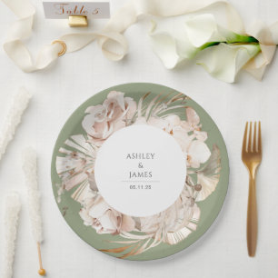 Beige watercolor botanical floral garden wedding p paper plate