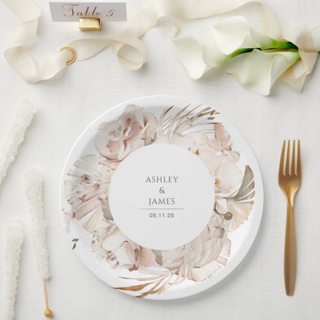 Beige watercolor botanical floral garden wedding paper plate (Wedding)