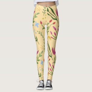 Beige Watercolor Floral Black Pink Blue Yellow Leggings