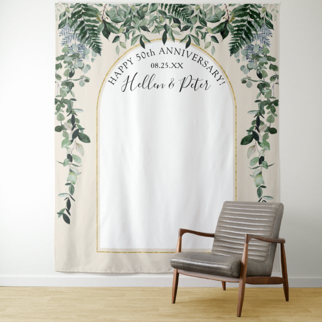 Beige watercolor foliage with Modern arch backdrop Tapestry (In Situ)