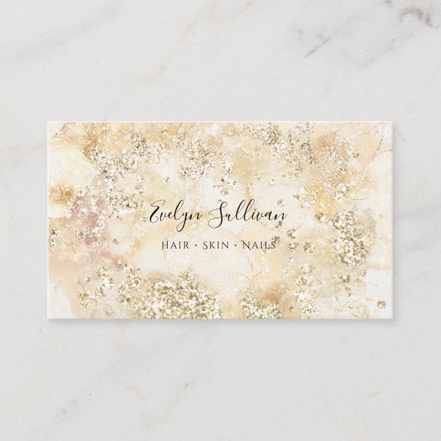 Beige watercolor gold glitter business card (Front)