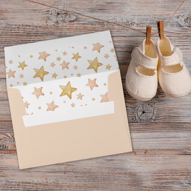 Beige Watercolor Gold Star Patterned Envelope (Brown watercolor star envelopes )