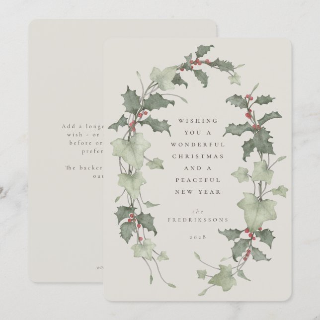 Beige Watercolor Holly & Ivy Holiday Card (Front/Back)