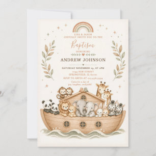 Beige Watercolor Noah's Ark Christening Baptism Invitation