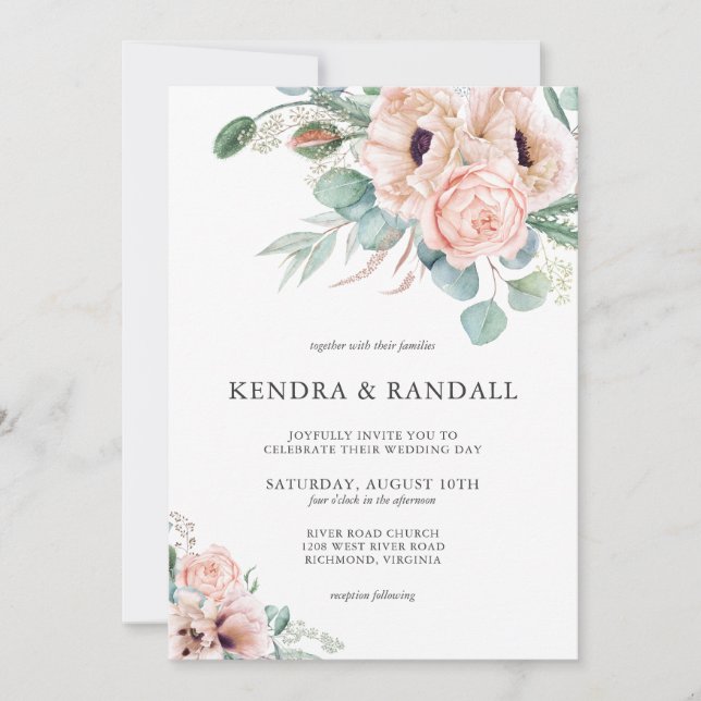 Beige Watercolor Poppies and Greenery Wedding Invitation (Front)