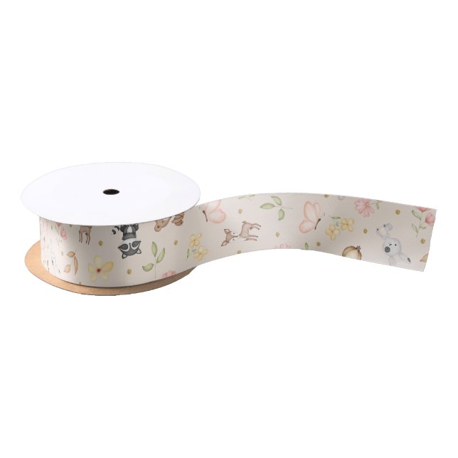 Beige Watercolor Woodland Animals Satin Ribbon (Spool)