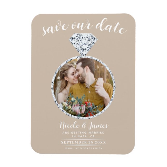 Beige Wedding Ring Bling Photo Save the Date Magnet (Vertical)