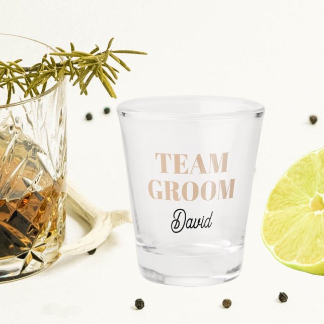 Beige Wedding Team Groom Personalised Shot Glass (In Situ)