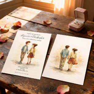 Beige Whimsical Watercolor Romantic Couple Wedding Invitation