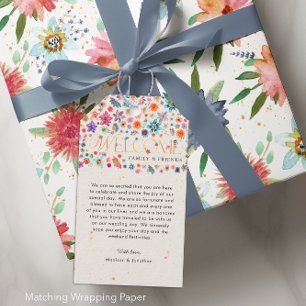 Beige Whimsical Wildflower Gold Wedding Welcome Gift Tags