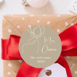 Beige white abstract reindeer modern Christmas Classic Round Sticker<br><div class="desc">A beige background,  and a white abstract one line reindeer.  Personalise and add a name and year. Text: Merry Christmas</div>