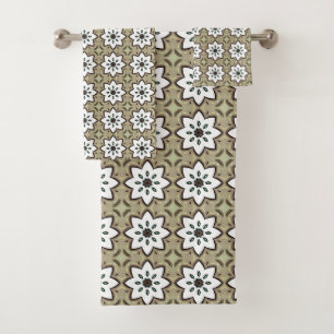 Beige, white and black geometric mandala bath towel set