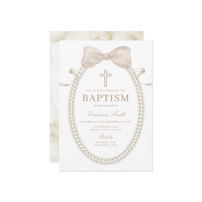 Beige White BOW Pearls Girl Baptism Christening Invitation (Front/Back In Situ)