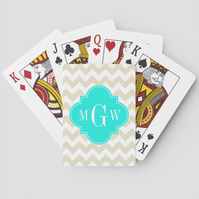 Beige White Chevron Aqua Quatrefoil 3 Monogram Playing Cards (Back)