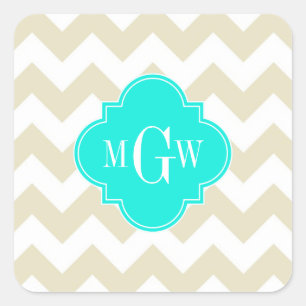 Beige White Chevron Aqua Quatrefoil 3 Monogram Square Sticker
