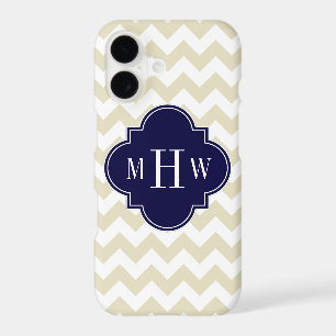 Beige White Chevron Navy Quatrefoil 3 Monogram