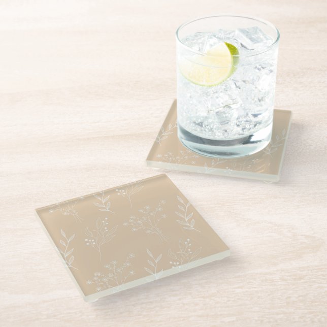 Beige White Corner Floral Boho Wedding Glass Coaster (Angled)
