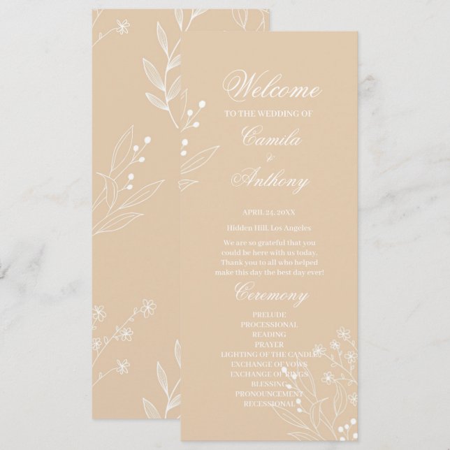 Beige White Corner Floral Boho Wedding Programme (Front/Back)