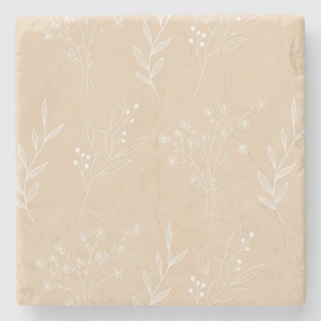 Beige White Corner Floral Boho Wedding Stone Coaster (Front)