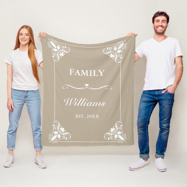Beige & White Decorative Frame Custom Family Name Fleece Blanket (In Situ)