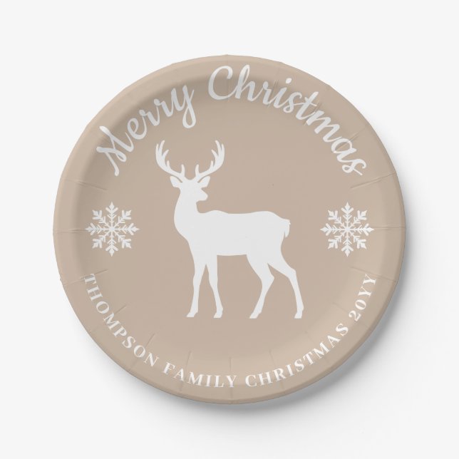 Beige White Deer And Snowflakes Christmas Party Paper Plate (Front)
