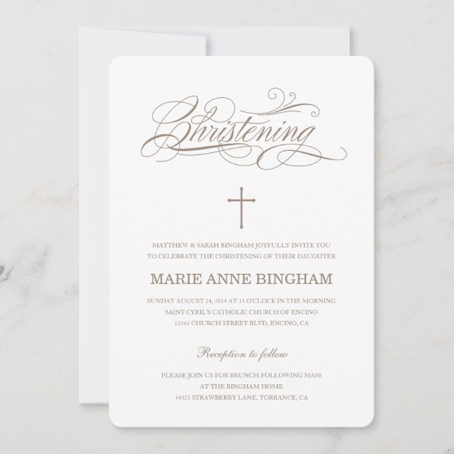 Beige White Elegant Calligraphy Christening Invitation (Front)