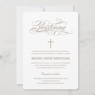 Beige White Elegant Calligraphy Christening Invitation