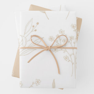 Beige White Floral Boho Wedding Wrapping Paper Sheet