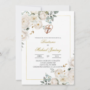 Beige white floral Spanish baptism Invitation