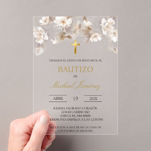 Beige white floral Spanish baptism Invitation (Insitu (Handheld))