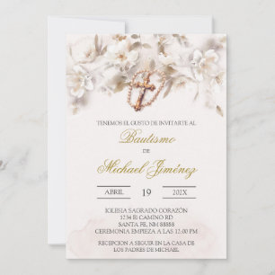 Beige white floral Spanish baptism Invitation