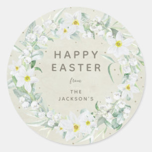 Beige + White Floral Wreath Easter Message Classic Round Sticker