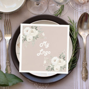 Beige white florals business logo napkin