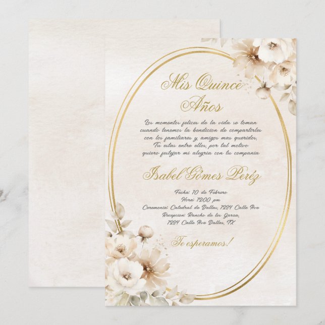 Beige White flower Spanish Quinceanera Invitation (Front/Back)