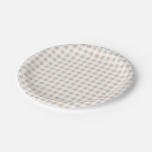 Beige White Gingham Pattern Paper Plate