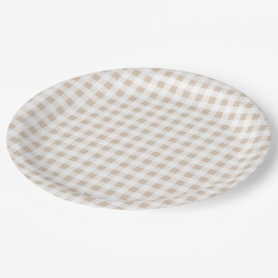 Beige White Gingham Pattern Paper Plate