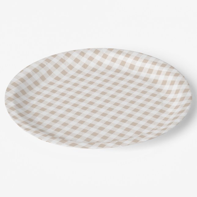 Beige White Gingham Pattern Paper Plate (Angled)