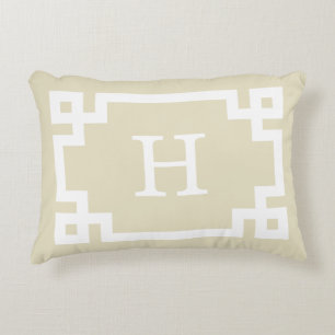 Beige White Greek Key Frame #2 Initial Monogram Decorative Cushion