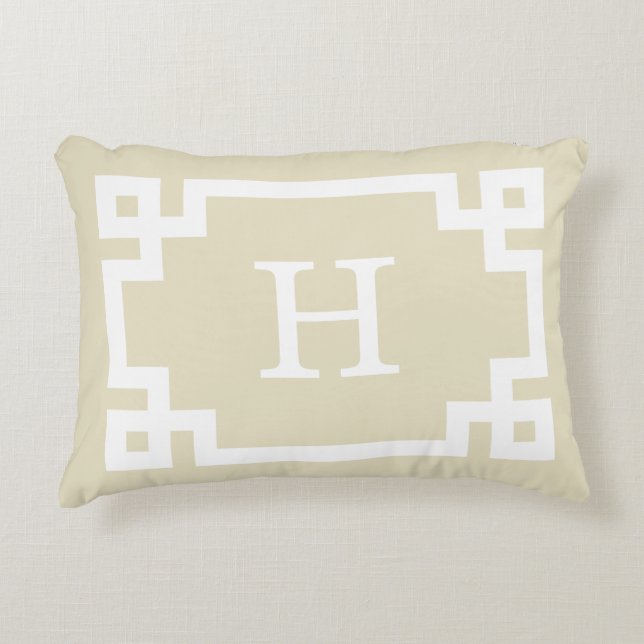 Beige White Greek Key Frame #2 Initial Monogram Decorative Cushion (Front)