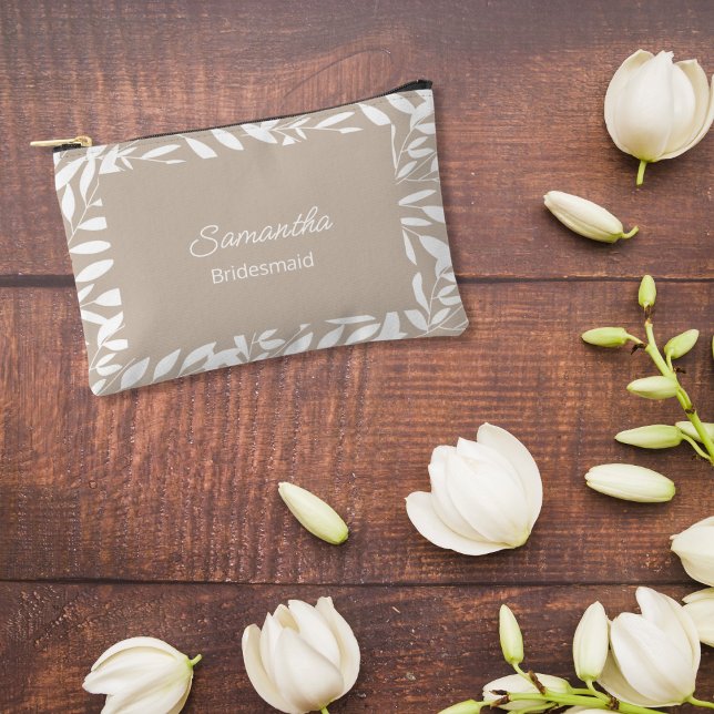 Beige White Leaves Bridal Shower  Accessory Pouch (Creator Uploaded)